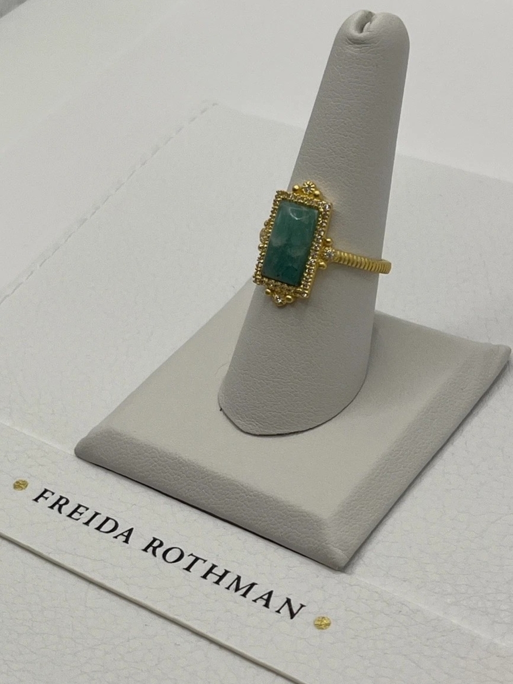 Freida Rothman Gold Ring with Emerald Green Rectangular Stone - Picture 3 of 4
